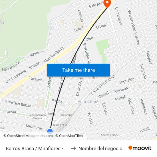 Barros Arana / Miraflores - Oriente to Nombre del negocio/local map