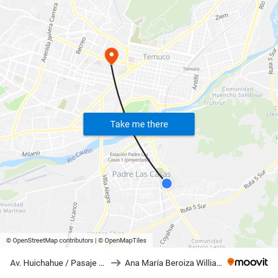 Av. Huichahue / Pasaje Rayén to Ana María Beroiza Williamson map