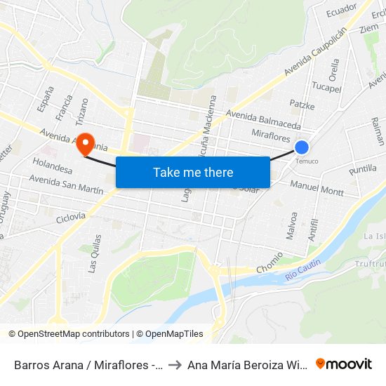 Barros Arana / Miraflores - Poniente to Ana María Beroiza Williamson map