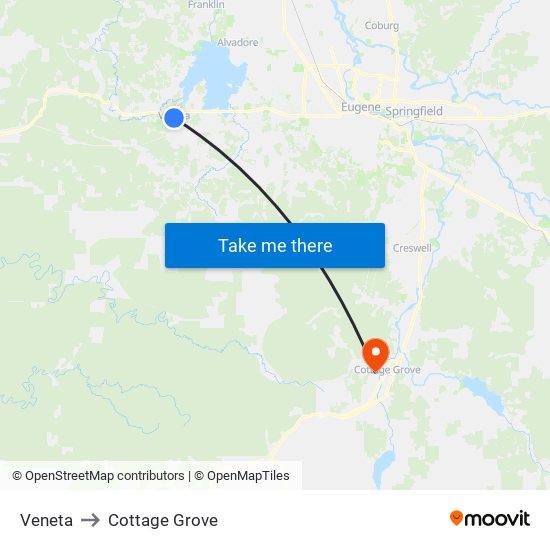 Veneta to Cottage Grove map