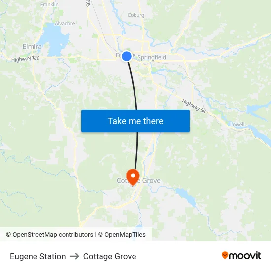 Eugene Station to Cottage Grove map