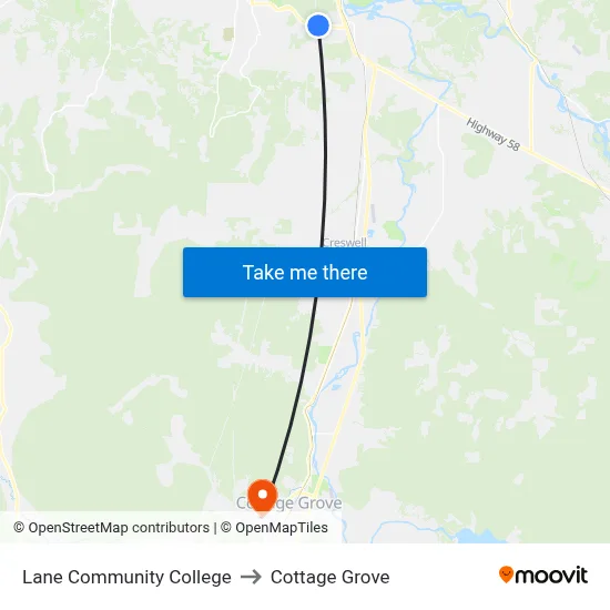 Lane Community College to Cottage Grove map