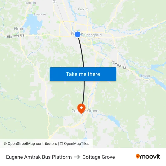 Eugene Amtrak Bus Platform to Cottage Grove map