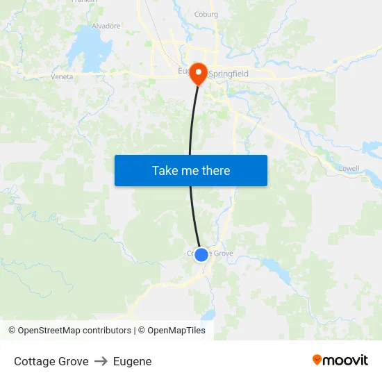 Cottage Grove to Eugene map