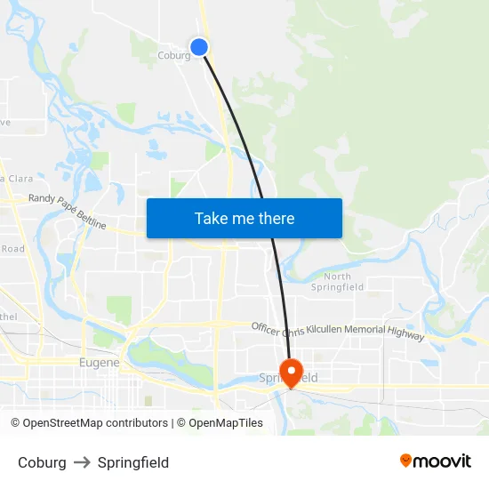 Coburg to Springfield map