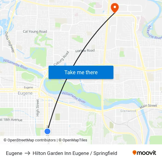 Eugene to Hilton Garden Inn Eugene / Springfield map