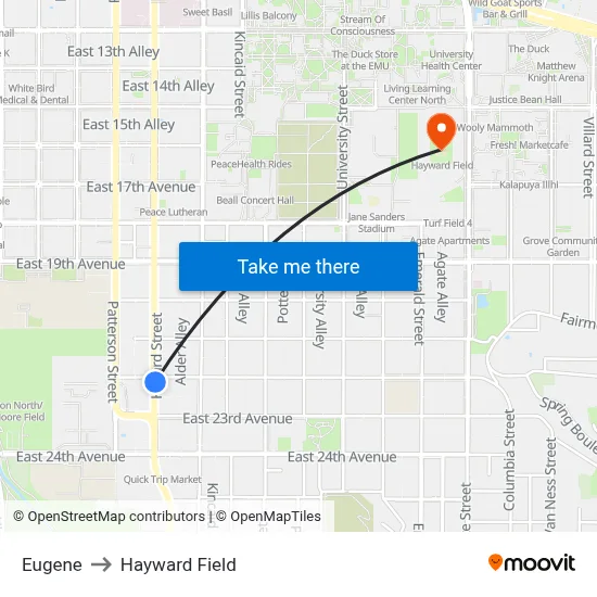 Eugene to Hayward Field map