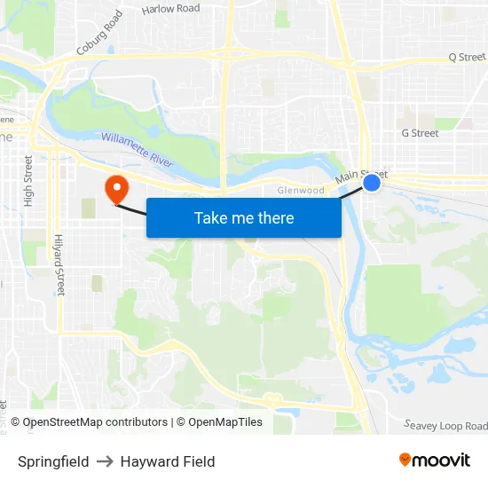 Springfield to Hayward Field map
