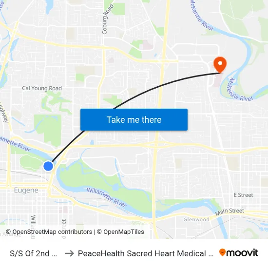 S/S Of 2nd W Of Mill to PeaceHealth Sacred Heart Medical Center at Riverbend map