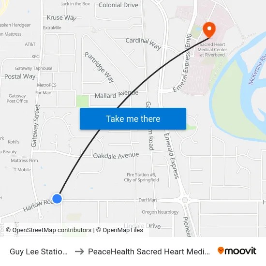 Guy Lee Station_Clockwise to PeaceHealth Sacred Heart Medical Center at Riverbend map