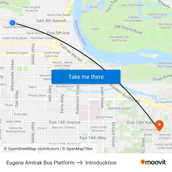 Eugene Amtrak Bus Platform to Introducktion map