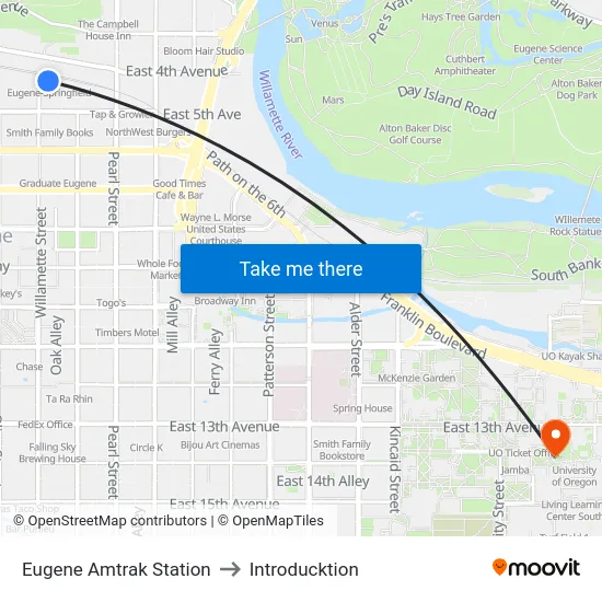 Eugene Amtrak Station to Introducktion map