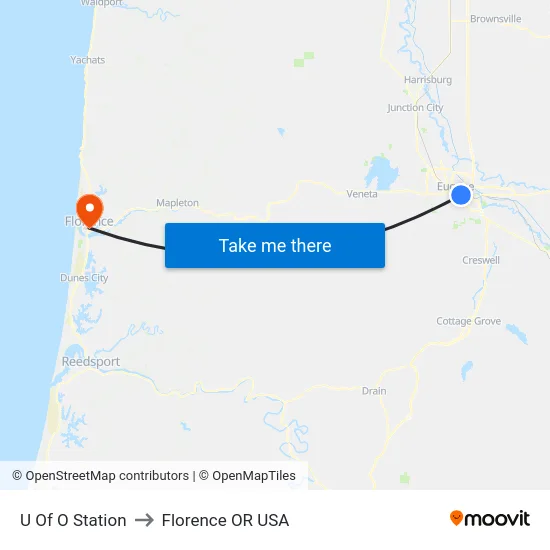 U Of O Station to Florence OR USA map