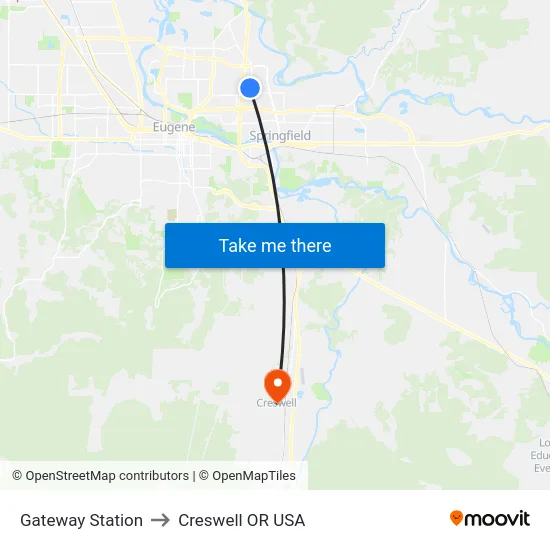 Gateway Station to Creswell OR USA map