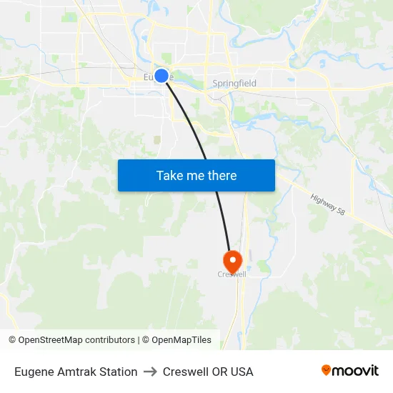 Eugene Amtrak Station to Creswell OR USA map