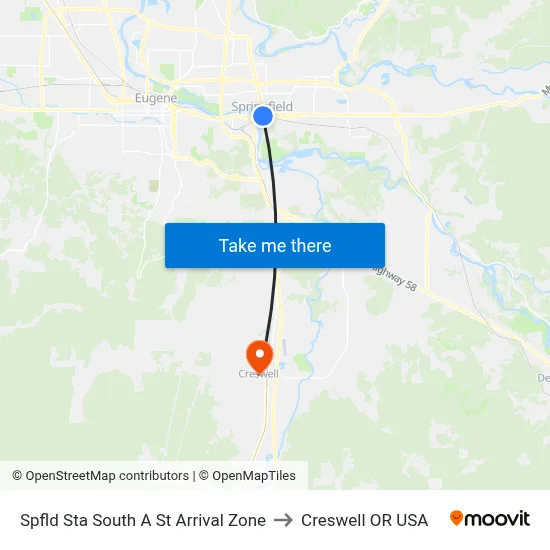 Spfld Sta South A St Arrival Zone to Creswell OR USA map