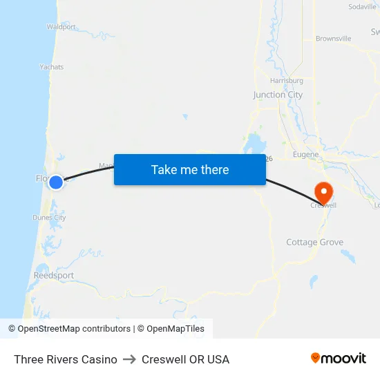 Three Rivers Casino to Creswell OR USA map