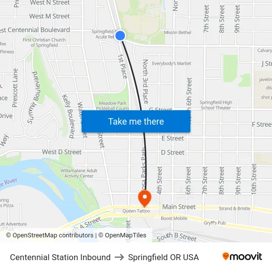 Centennial Station Inbound to Springfield OR USA map