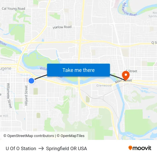 U Of O Station to Springfield OR USA map