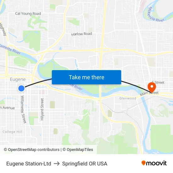 Eugene Station-Ltd to Springfield OR USA map