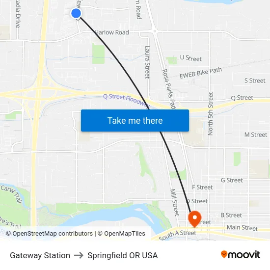 Gateway Station to Springfield OR USA map