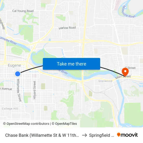 Chase Bank (Willamette St & W 11th Ave - Southbound) to Springfield OR USA map