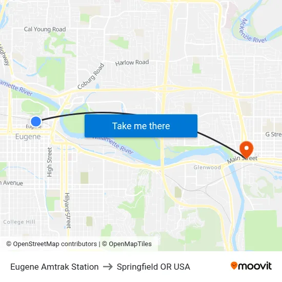Eugene Amtrak Station to Springfield OR USA map