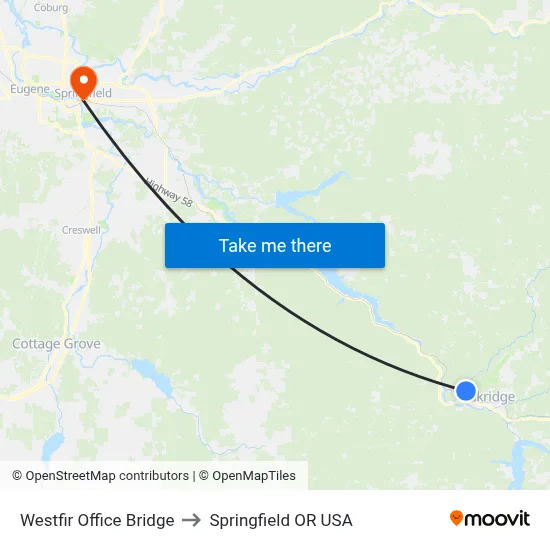 Westfir Office Bridge to Springfield OR USA map