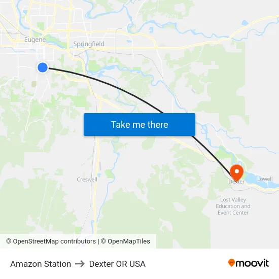 Amazon Station to Dexter OR USA map