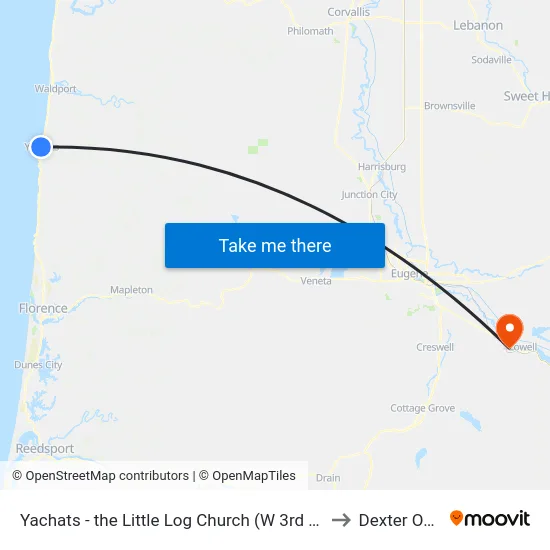 Yachats - the Little Log Church (W 3rd St & Pontiac St) to Dexter OR USA map