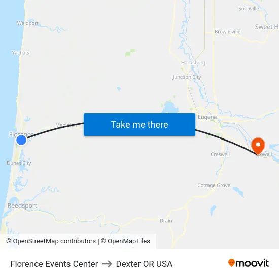 Florence Events Center to Dexter OR USA map