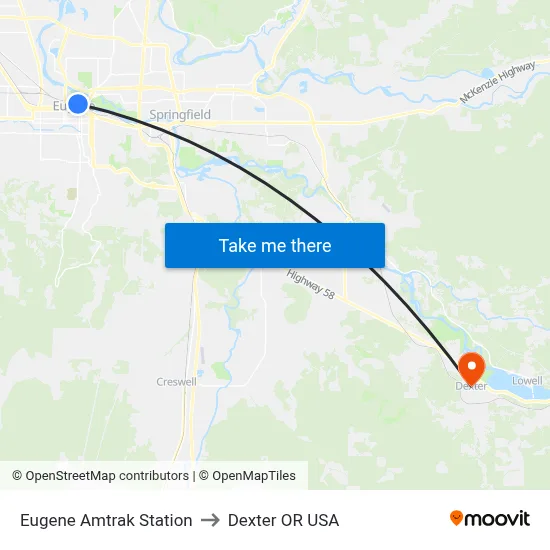 Eugene Amtrak Station to Dexter OR USA map