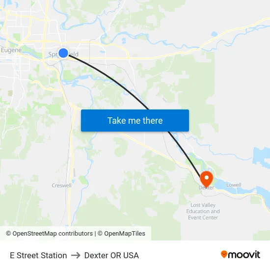 E Street Station to Dexter OR USA map