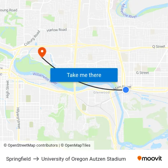 Springfield to University of Oregon Autzen Stadium map