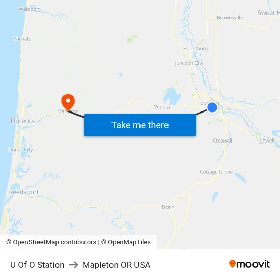 U Of O Station to Mapleton OR USA map