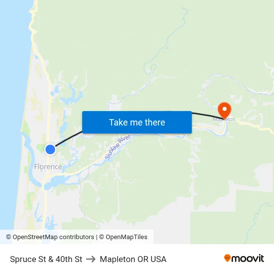 Spruce St & 40th St to Mapleton OR USA map