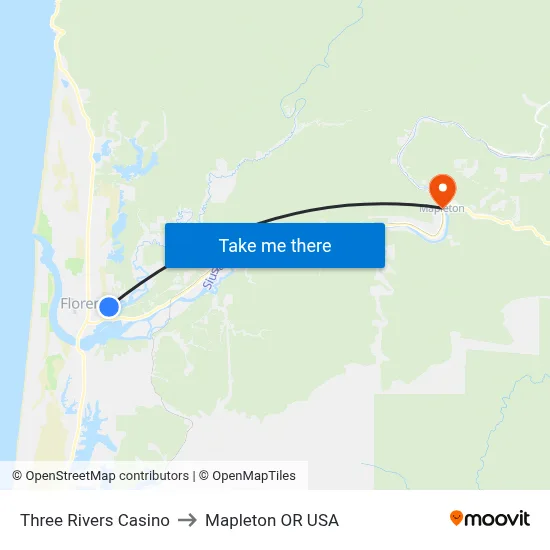 Three Rivers Casino to Mapleton OR USA map
