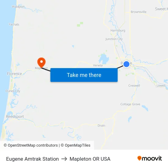 Eugene Amtrak Station to Mapleton OR USA map