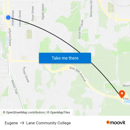 Eugene to Lane Community College map