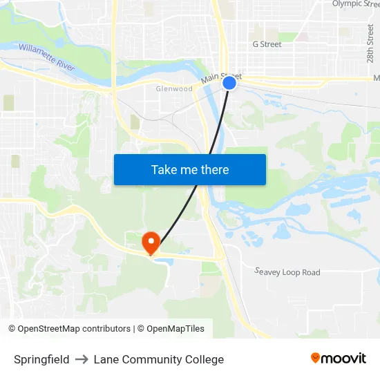 Springfield to Lane Community College map