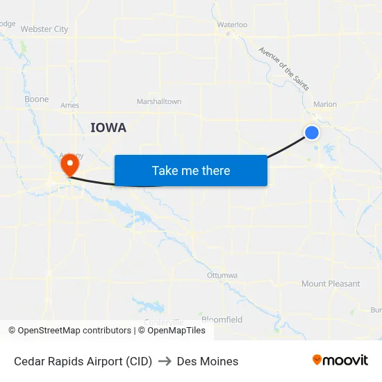 Cedar Rapids Airport (CID) to Des Moines map