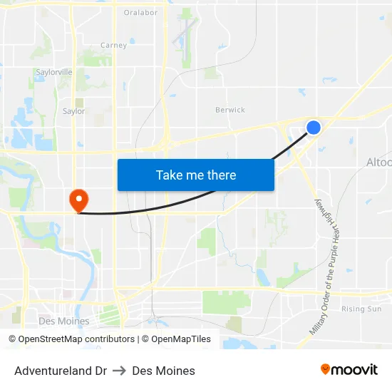 Adventureland Dr to Des Moines map