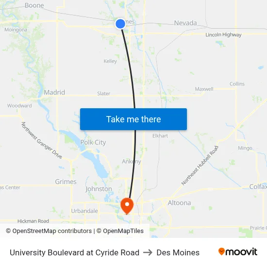 University Boulevard at Cyride Road to Des Moines map