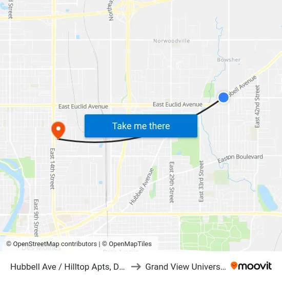 Hubbell Ave / Hilltop Apts, Dsm to Grand View University map