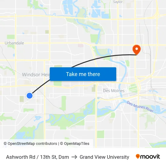 Ashworth Rd / 13th St, Dsm to Grand View University map