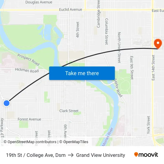 19th St / College Ave, Dsm to Grand View University map