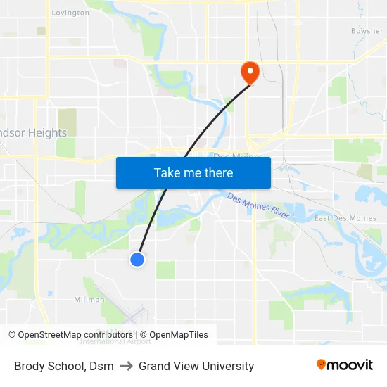Brody School, Dsm to Grand View University map