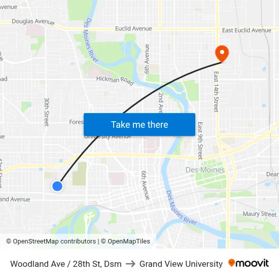 Woodland Ave / 28th St, Dsm to Grand View University map