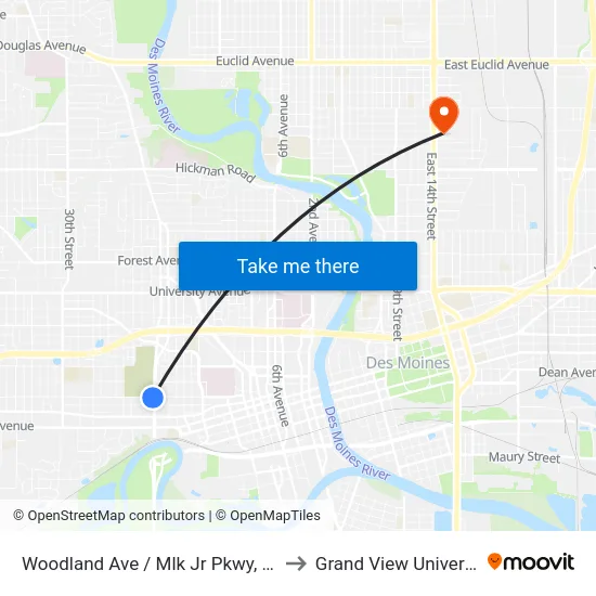 Woodland Ave / Mlk Jr Pkwy, Dsm to Grand View University map