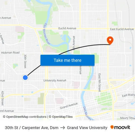 30th St / Carpenter Ave, Dsm to Grand View University map